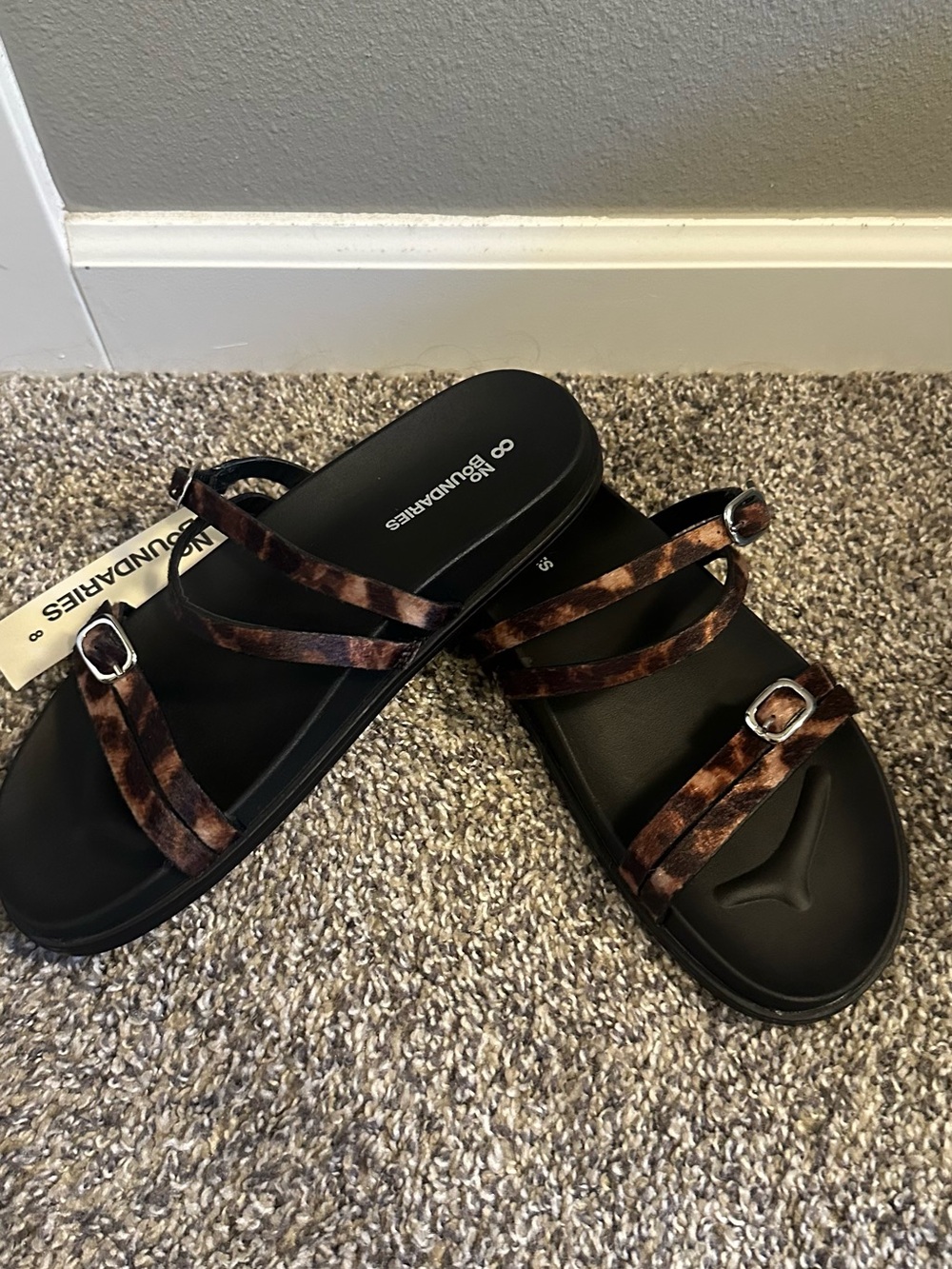 No Boundaries Black Slide Sandals with Brown Leopard Straps - Women's